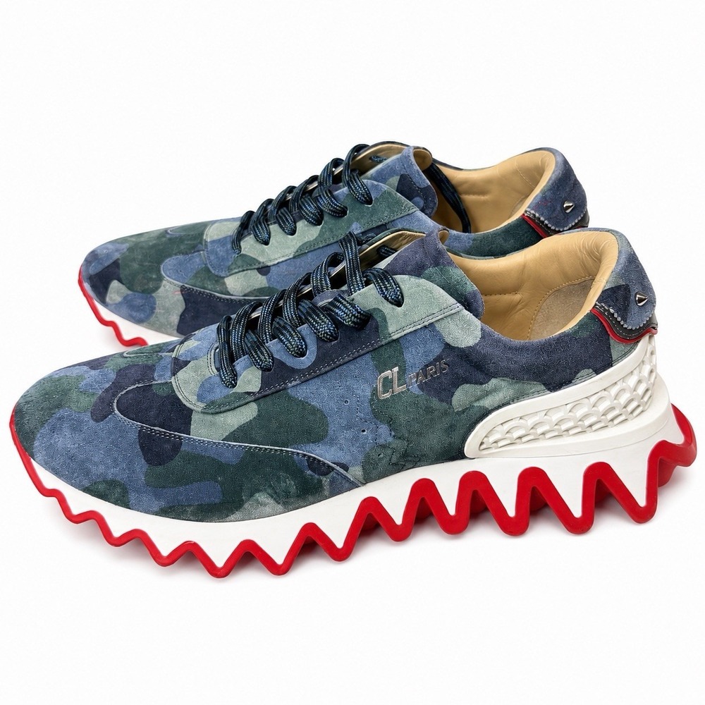Christian Louboutin Loubishark Flat Blue Green Camo Runner Sneakers EU 45 US 12